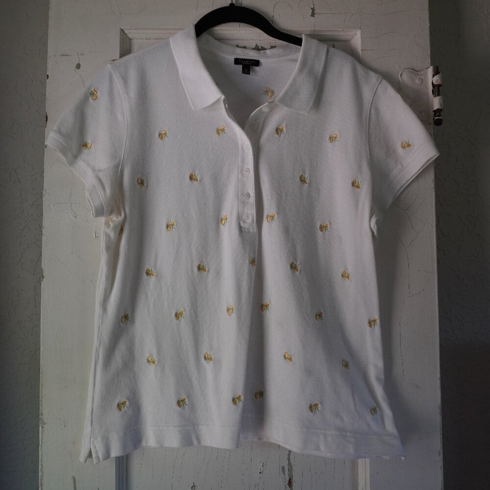 Talbots White Lemon Embroidered Polo Shirt Size XL Short Sleeve Cotton‎ Pique